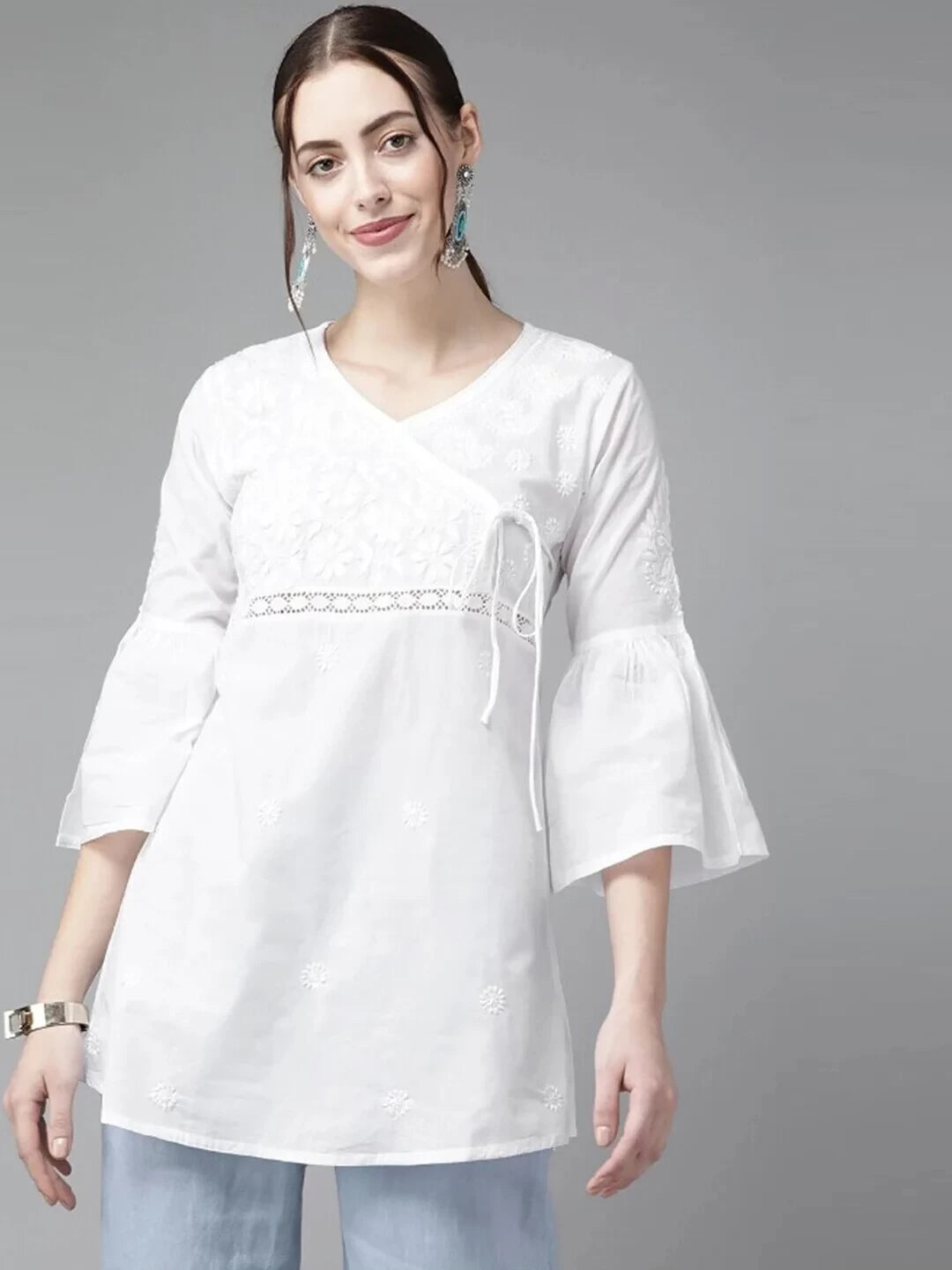 Ada Hand Embroidered White Cotton Angrakha Lucknowi Chikankari Top A911210