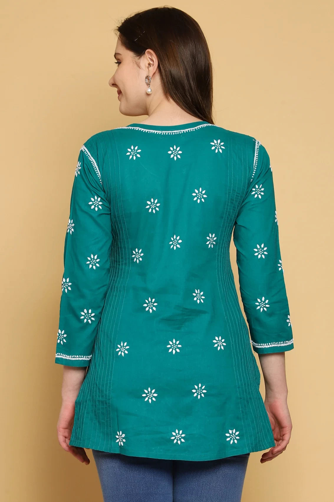 Ada Hand Embroidered Bottle Green Cotton Lucknowi Chikankari Straight Kurti A911297