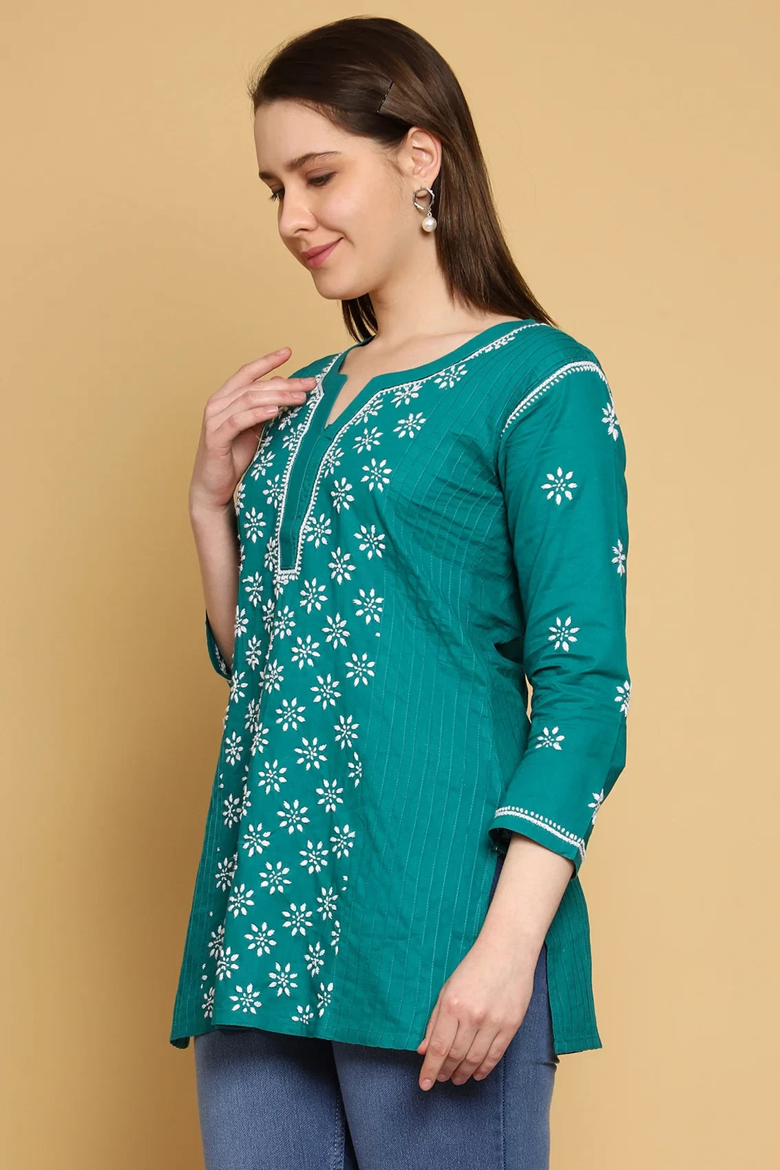 Ada Hand Embroidered Bottle Green Cotton Lucknowi Chikankari Straight Kurti A911297