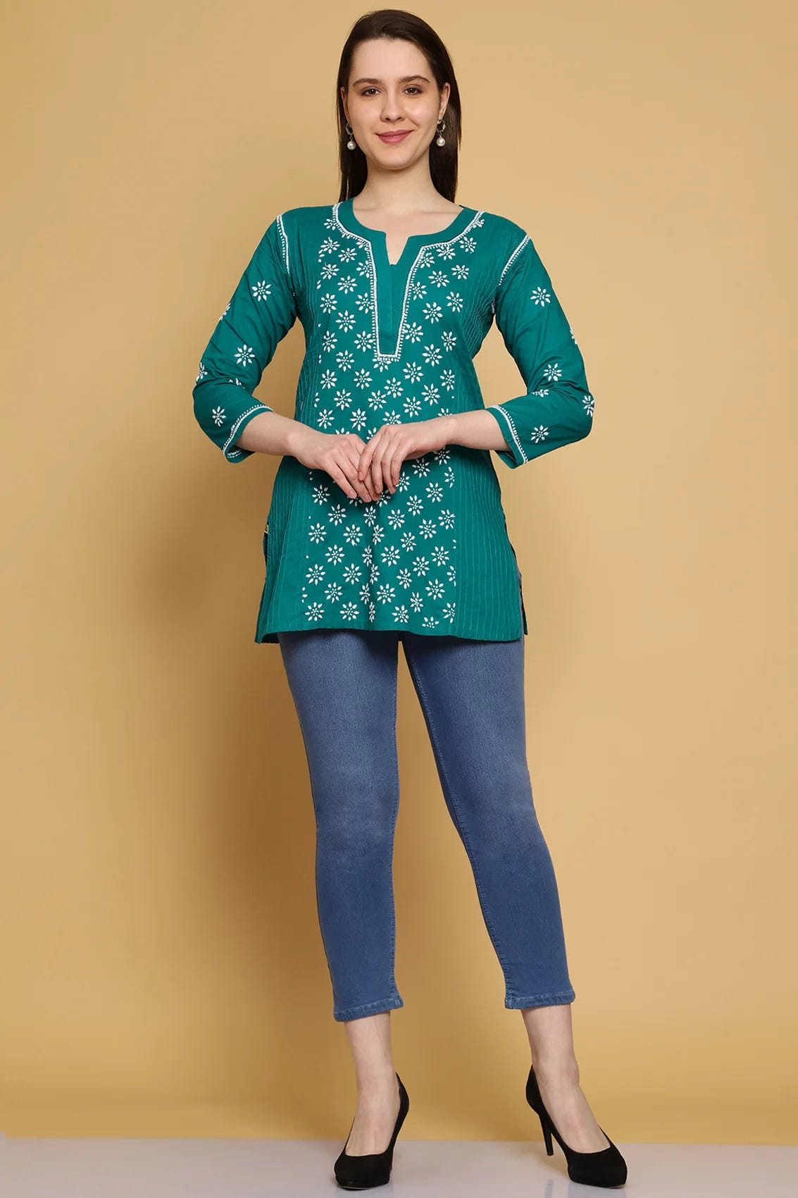 Ada Hand Embroidered Bottle Green Cotton Lucknowi Chikankari Straight Kurti A911297