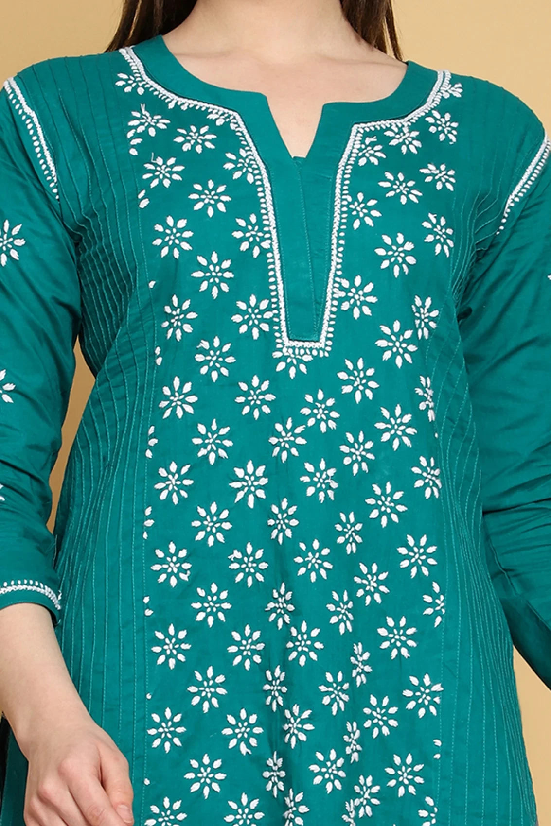 Ada Hand Embroidered Bottle Green Cotton Lucknowi Chikankari Straight Kurti A911297