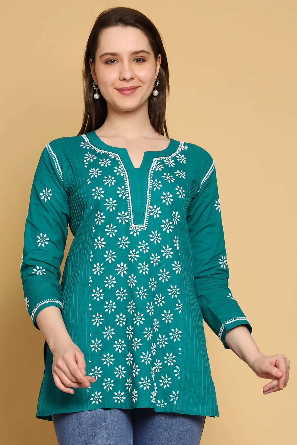 Ada Hand Embroidered Bottle Green Cotton Lucknowi Chikankari Straight Kurti A911297