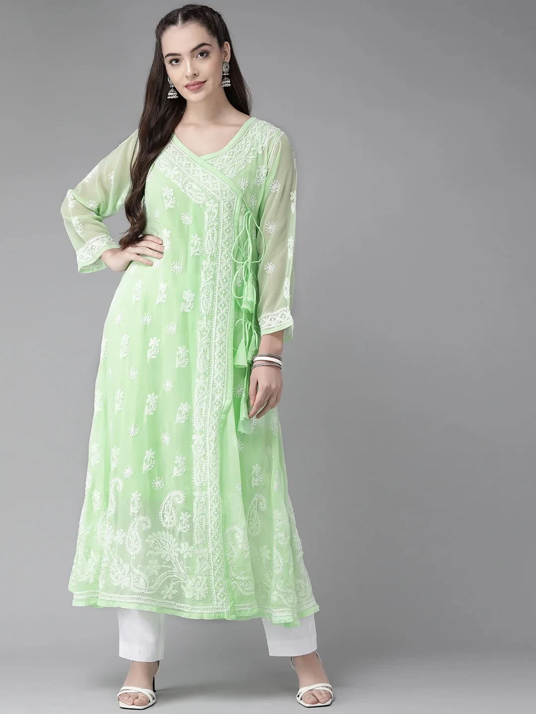 Ada Hand Embroidered Green Georgette Lucknowi Chikankari Angarkha Kurta with Slip A411260
