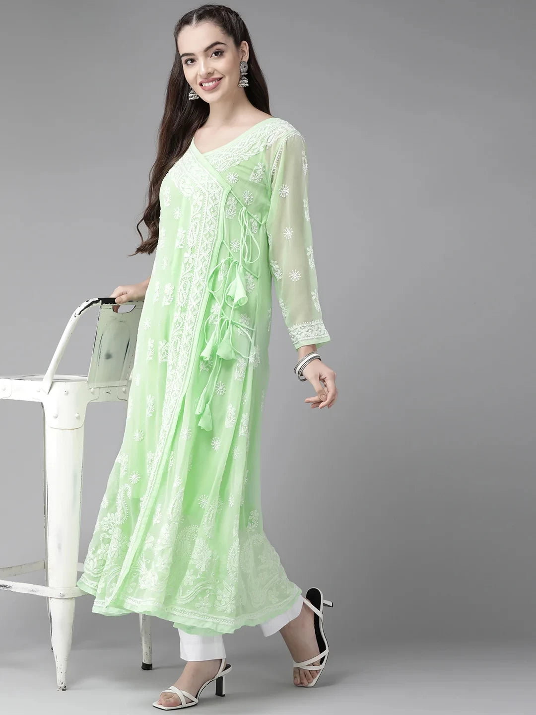 Ada Hand Embroidered Green Georgette Lucknowi Chikankari Angarkha Kurta with Slip A411260