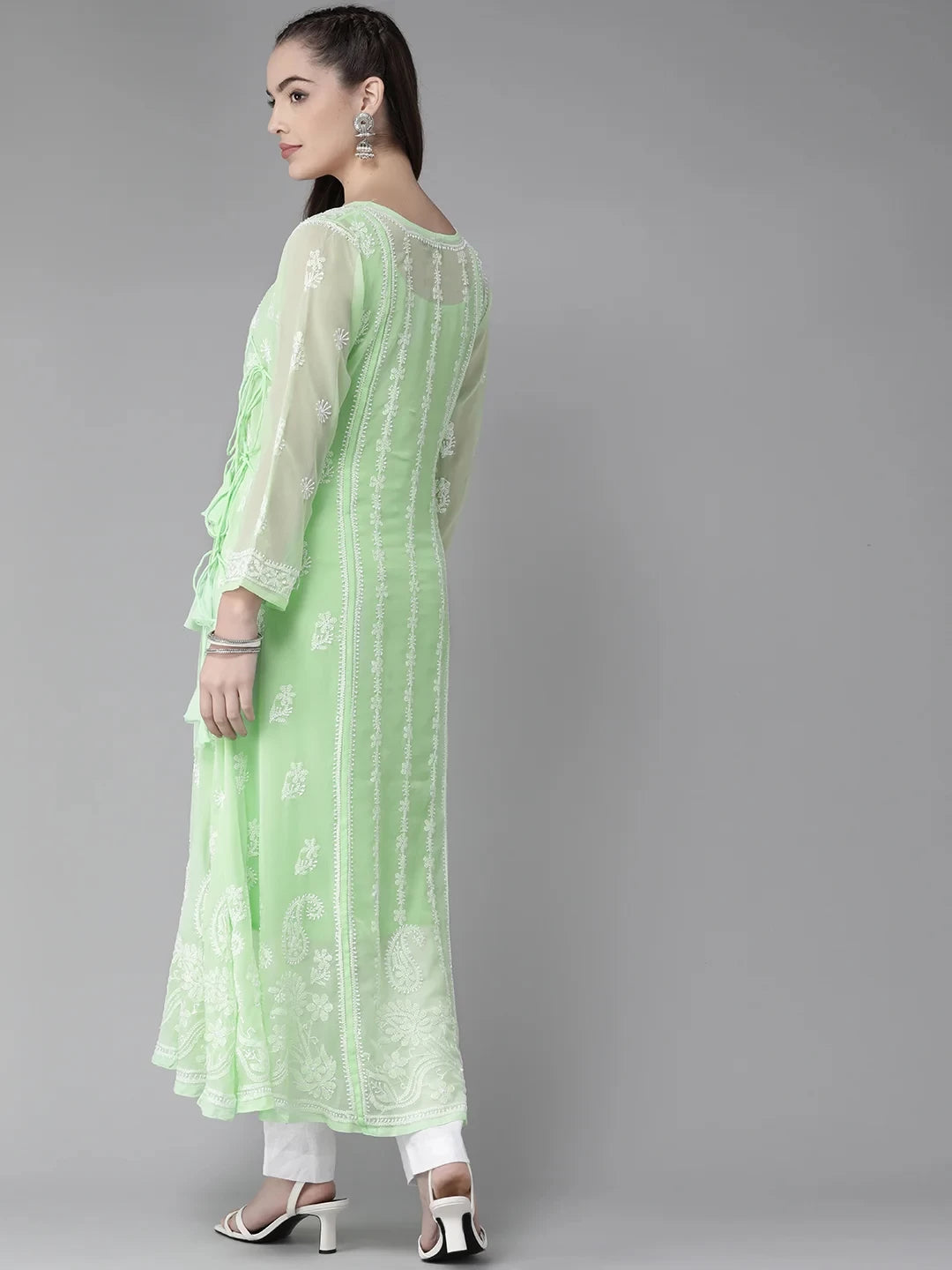 Ada Hand Embroidered Green Georgette Lucknowi Chikankari Angarkha Kurta with Slip A411260
