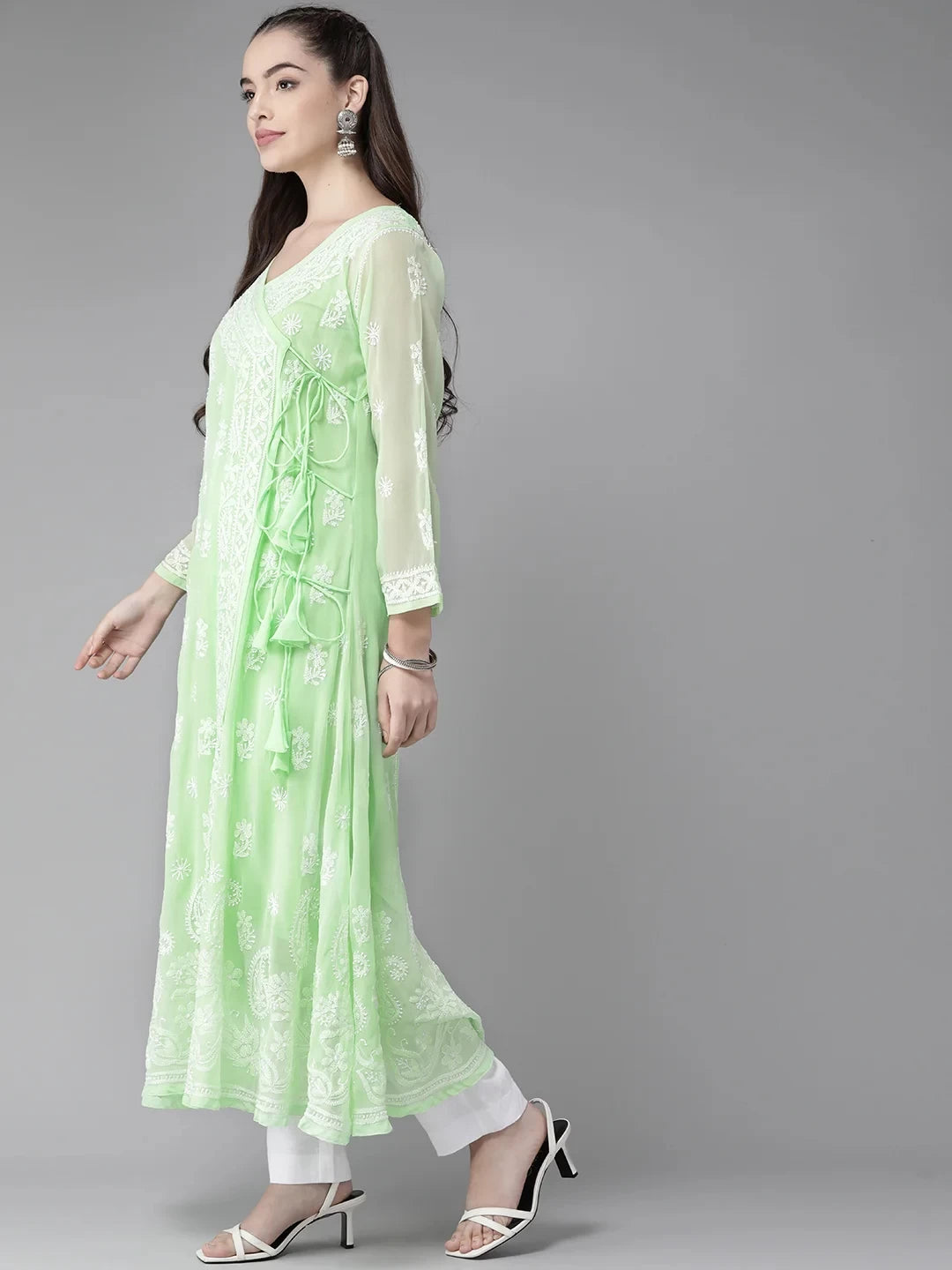 Ada Hand Embroidered Green Georgette Lucknowi Chikankari Angarkha Kurta with Slip A411260