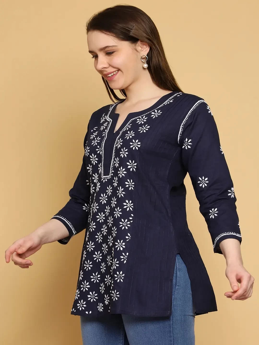 Ada Hand Embroidered Navy Blue Cotton Lucknowi Chikankari Straight Kurti A911294