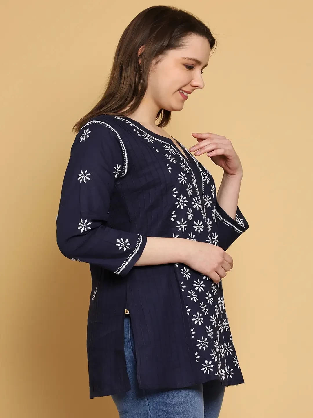 Ada Hand Embroidered Navy Blue Cotton Lucknowi Chikankari Straight Kurti A911294