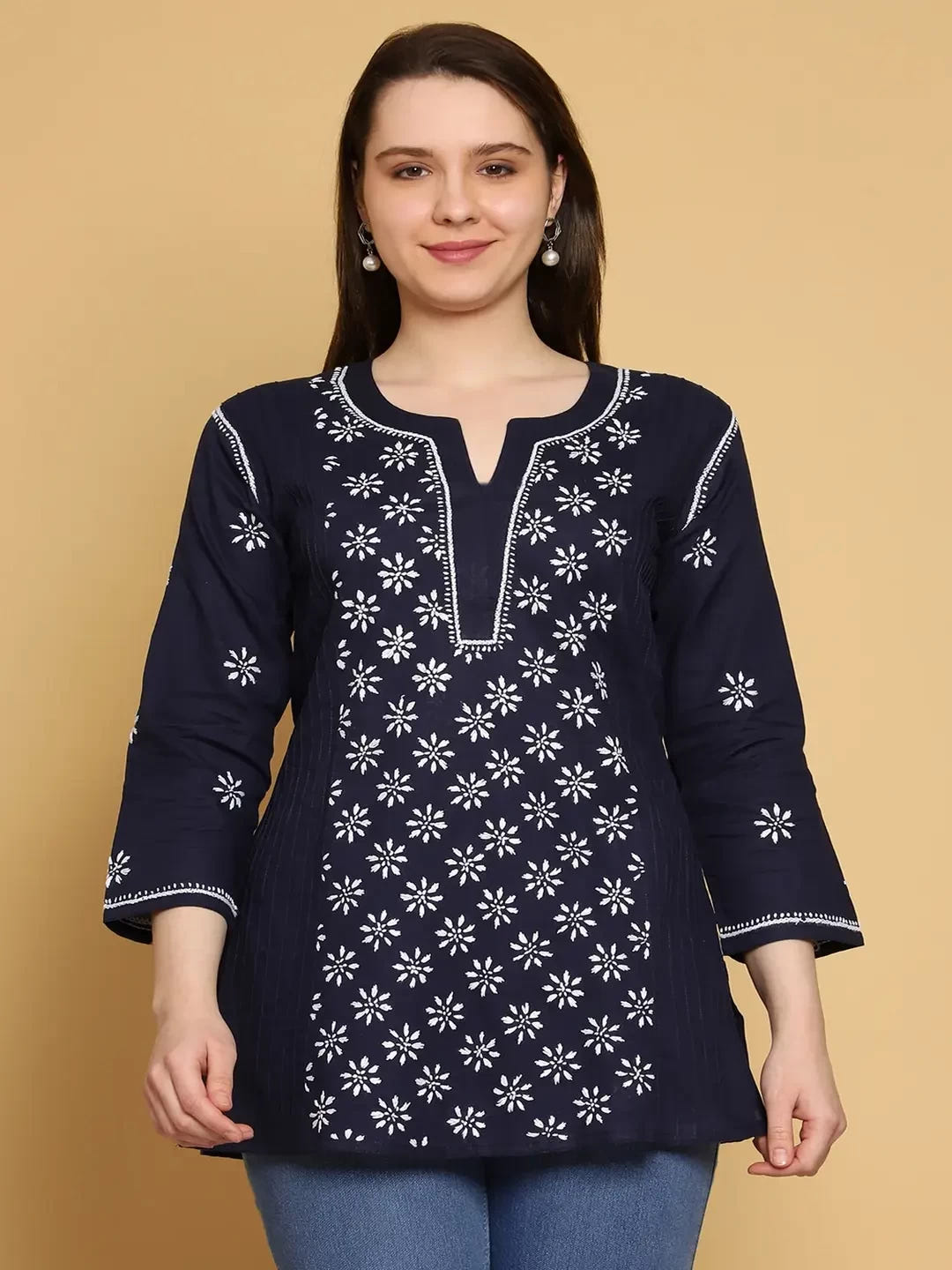 Ada Hand Embroidered Navy Blue Cotton Lucknowi Chikankari Straight Kurti A911294