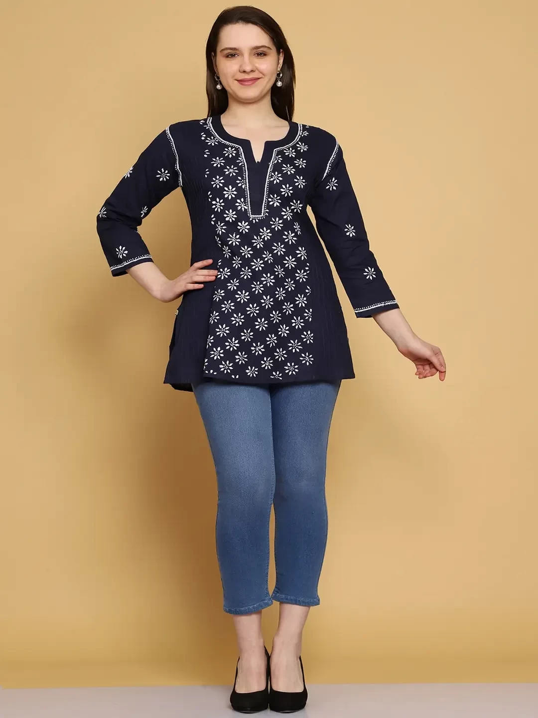 Ada Hand Embroidered Navy Blue Cotton Lucknowi Chikankari Straight Kurti A911294