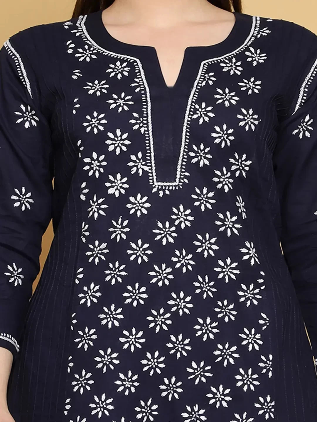 Ada Hand Embroidered Navy Blue Cotton Lucknowi Chikankari Straight Kurti A911294