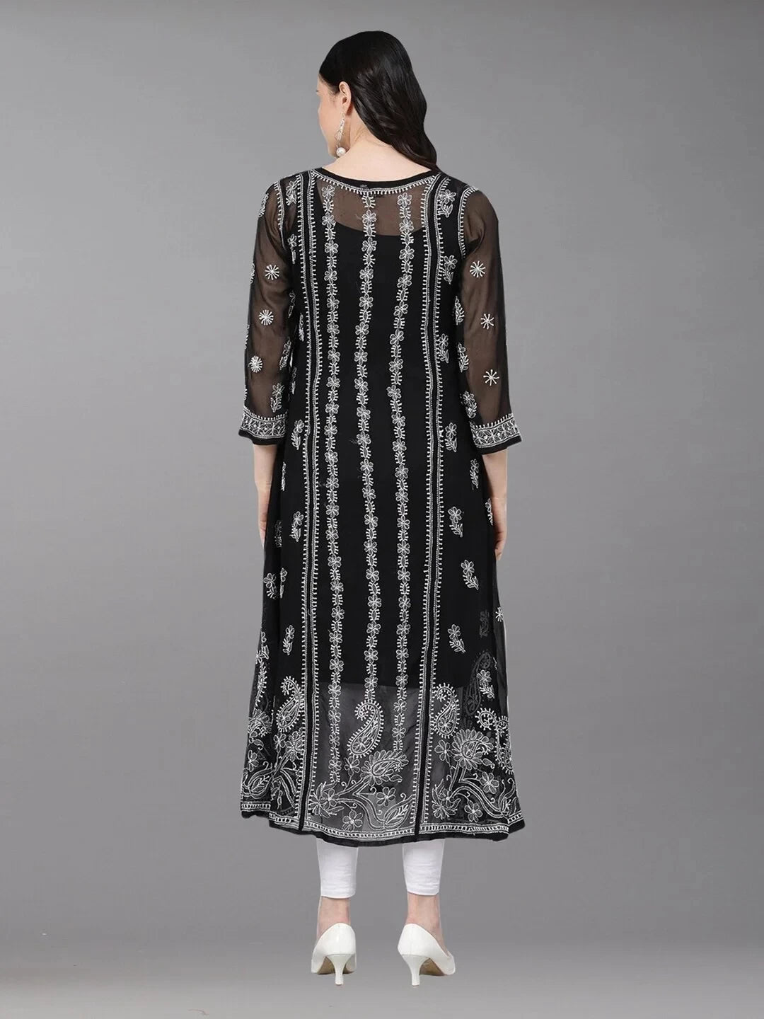Ada Hand Embroidered Black Georgette Lucknowi Chikankari Angarkha Kurti With Slip A411162