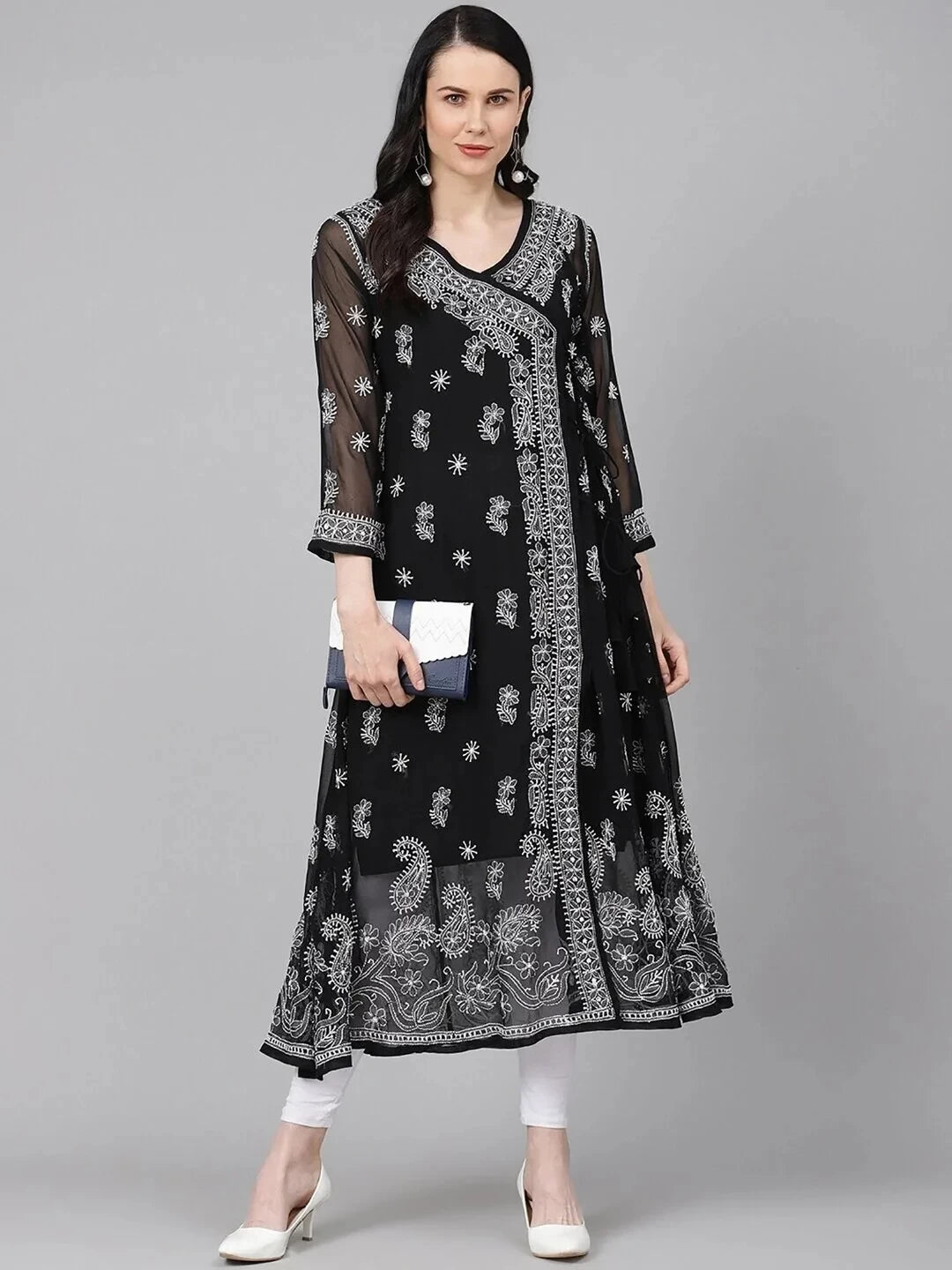 Ada Hand Embroidered Black Georgette Lucknowi Chikankari Angarkha Kurti With Slip A411162