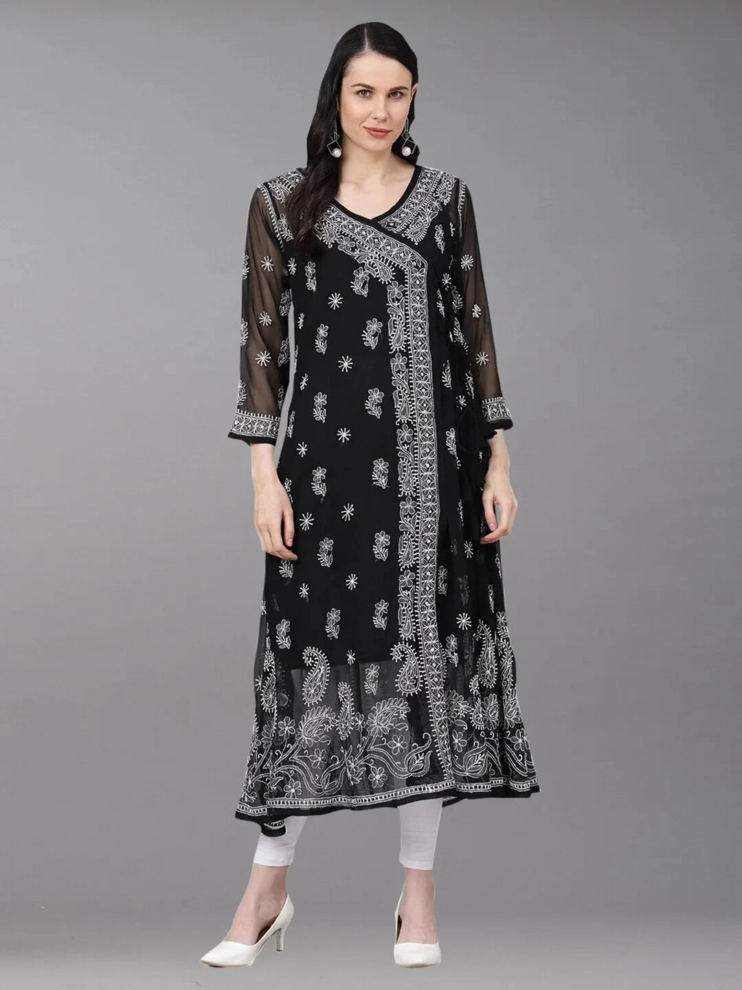 Ada Hand Embroidered Black Georgette Lucknowi Chikankari Angarkha Kurti With Slip A411162