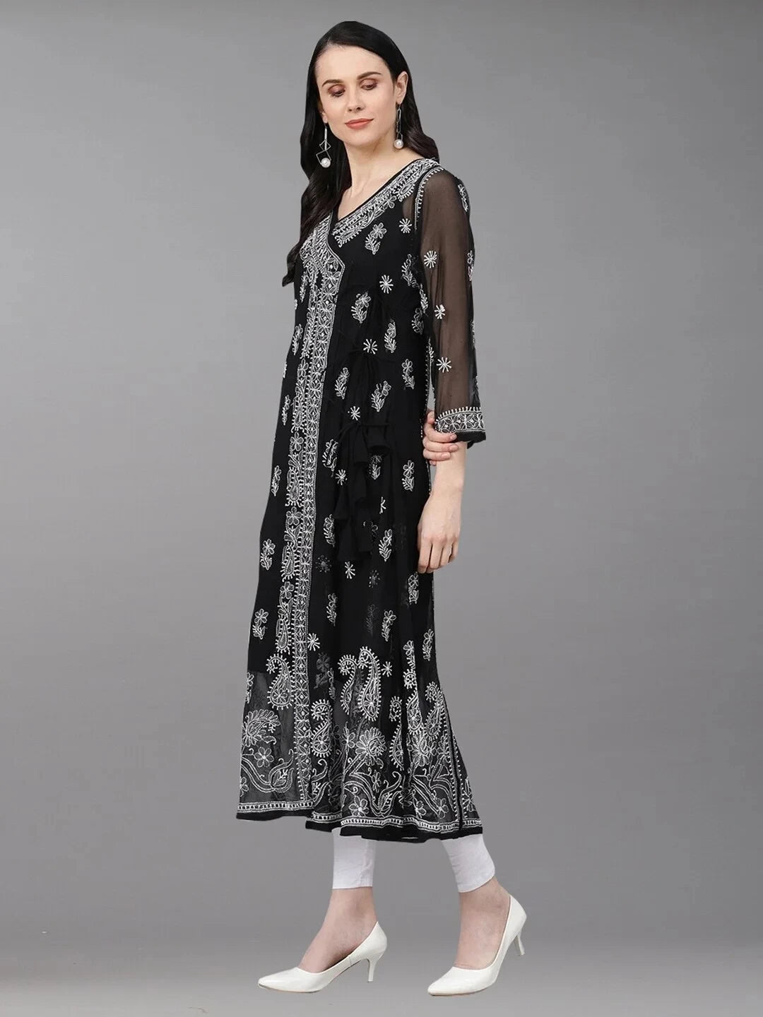 Ada Hand Embroidered Black Georgette Lucknowi Chikankari Angarkha Kurti With Slip A411162