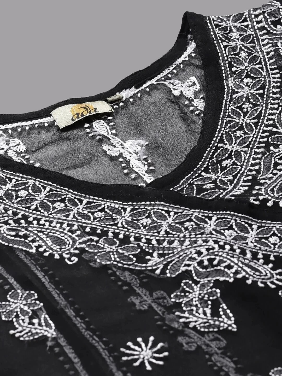 Ada Hand Embroidered Black Georgette Lucknowi Chikankari Angarkha Kurti With Slip A411162
