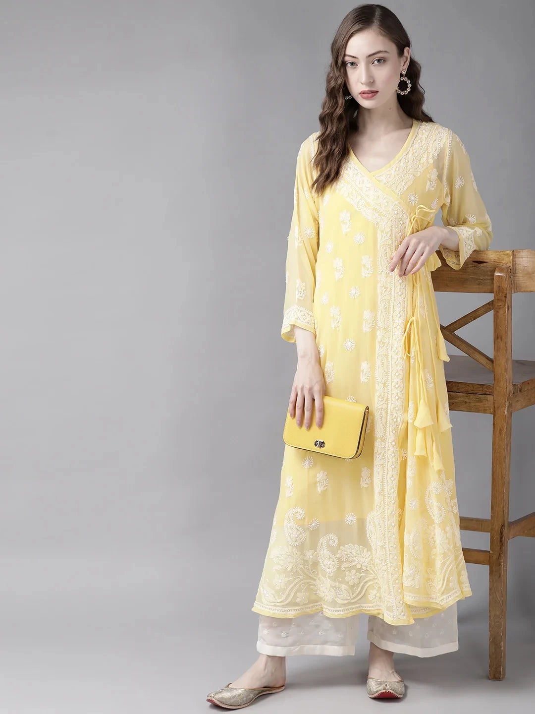 Ada Hand Embroidered Yellow Georgette Lucknowi Chikankari Angarkha Kurta With Slip A411259