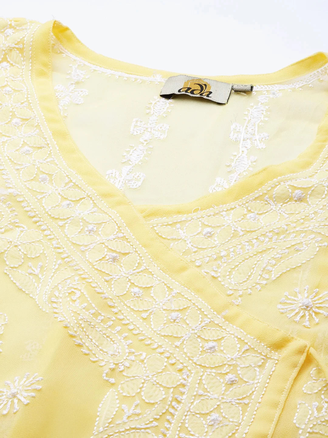 Ada Hand Embroidered Yellow Georgette Lucknowi Chikankari Angarkha Kurta With Slip A411259