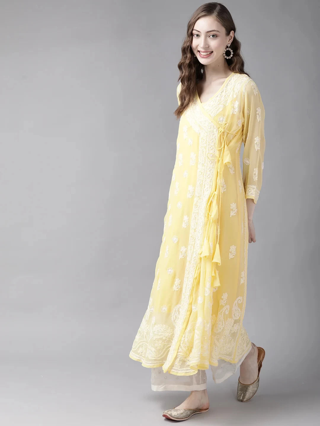 Ada Hand Embroidered Yellow Georgette Lucknowi Chikankari Angarkha Kurta With Slip A411259