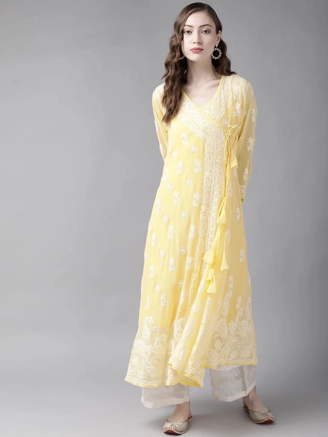 Ada Hand Embroidered Yellow Georgette Lucknowi Chikankari Angarkha Kurta With Slip A411259