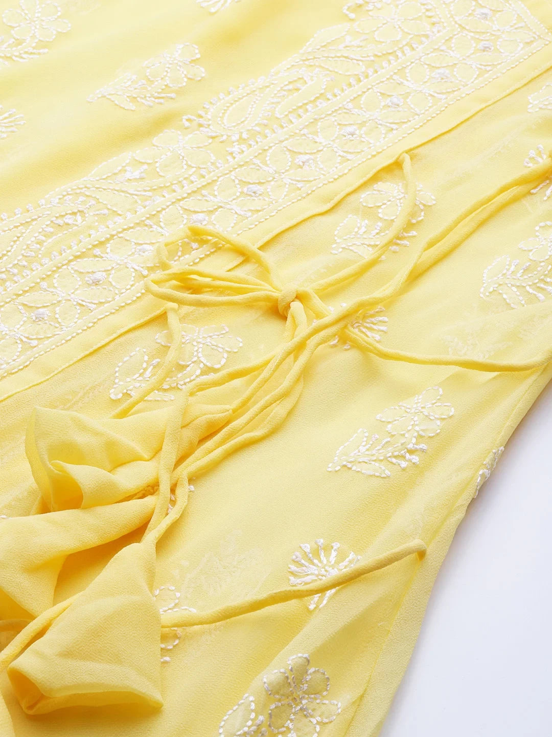 Ada Hand Embroidered Yellow Georgette Lucknowi Chikankari Angarkha Kurta With Slip A411259