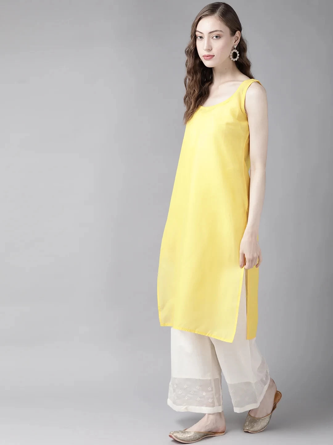 Ada Hand Embroidered Yellow Georgette Lucknowi Chikankari Angarkha Kurta With Slip A411259