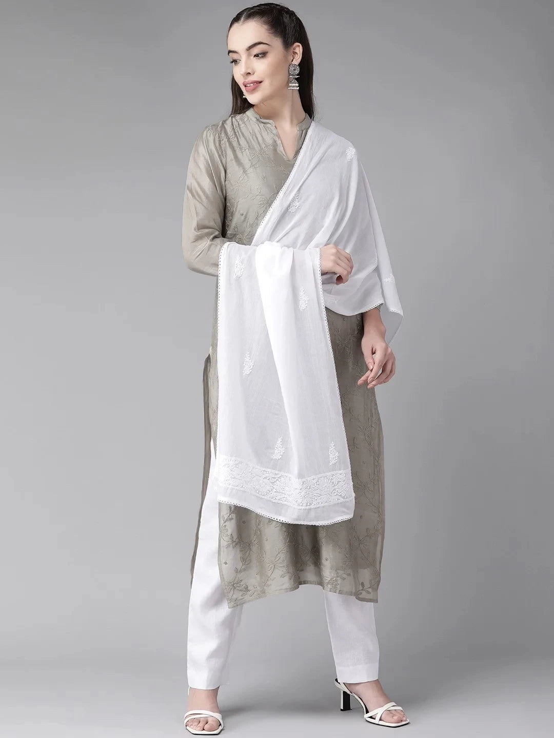Ada Hand Embroidered White Cotton Lucknowi Chikankari Dupatta– A511189