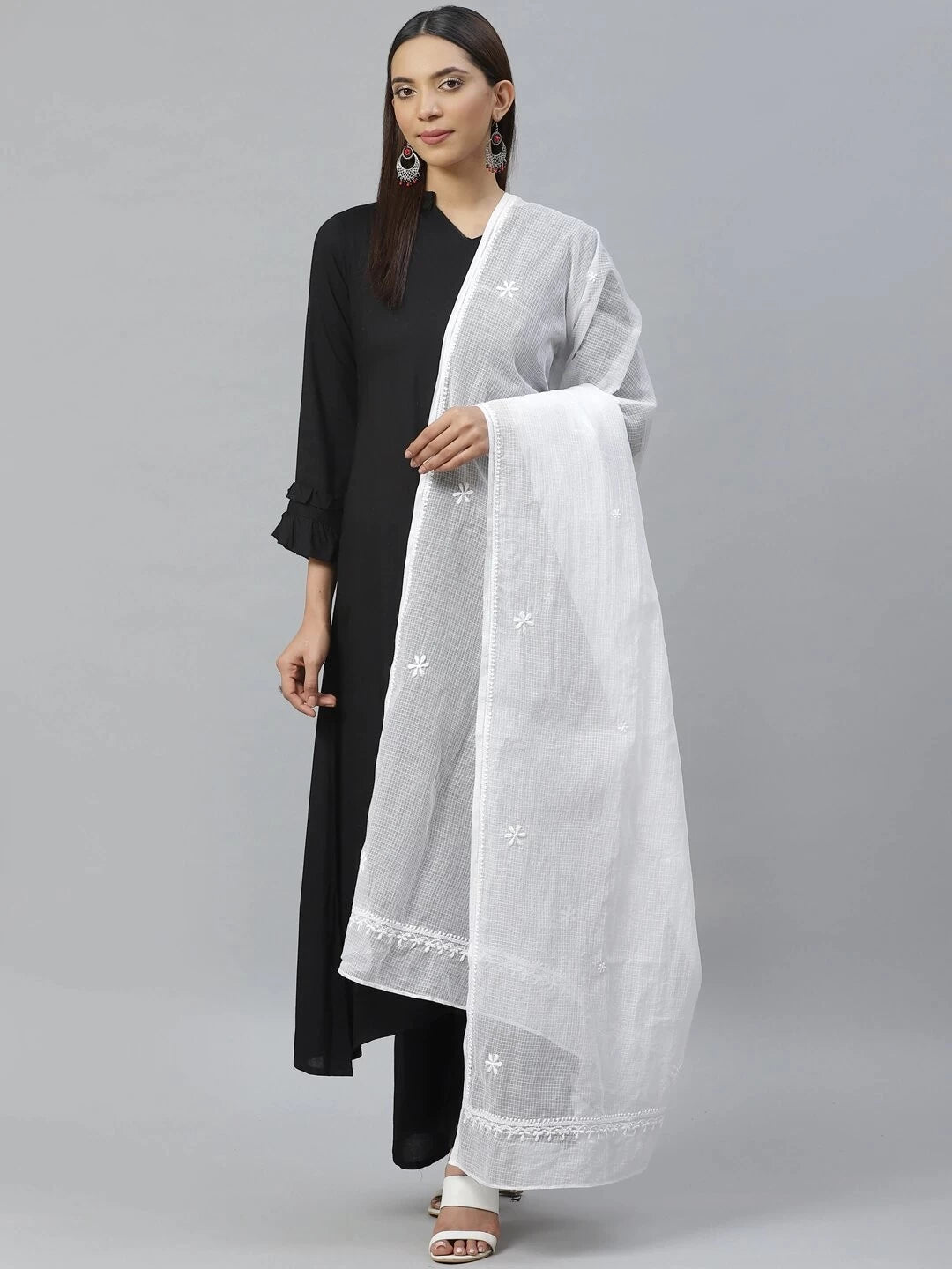 Ada Hand Embroidered White Kota Lucknowi Chikankari Dupatta A511111