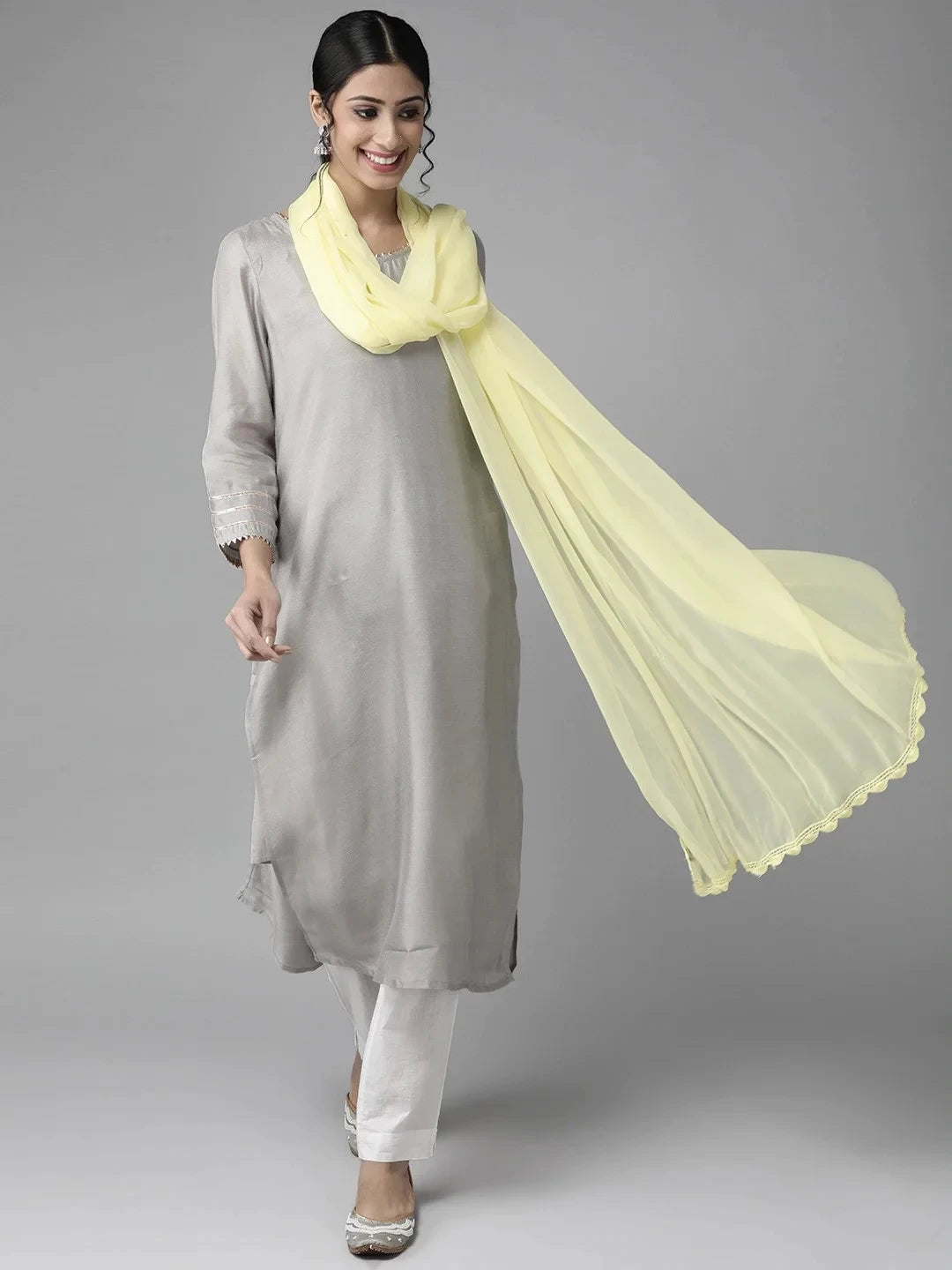 Ada Lemon Chiffon Lucknowi Dupatta  A511174