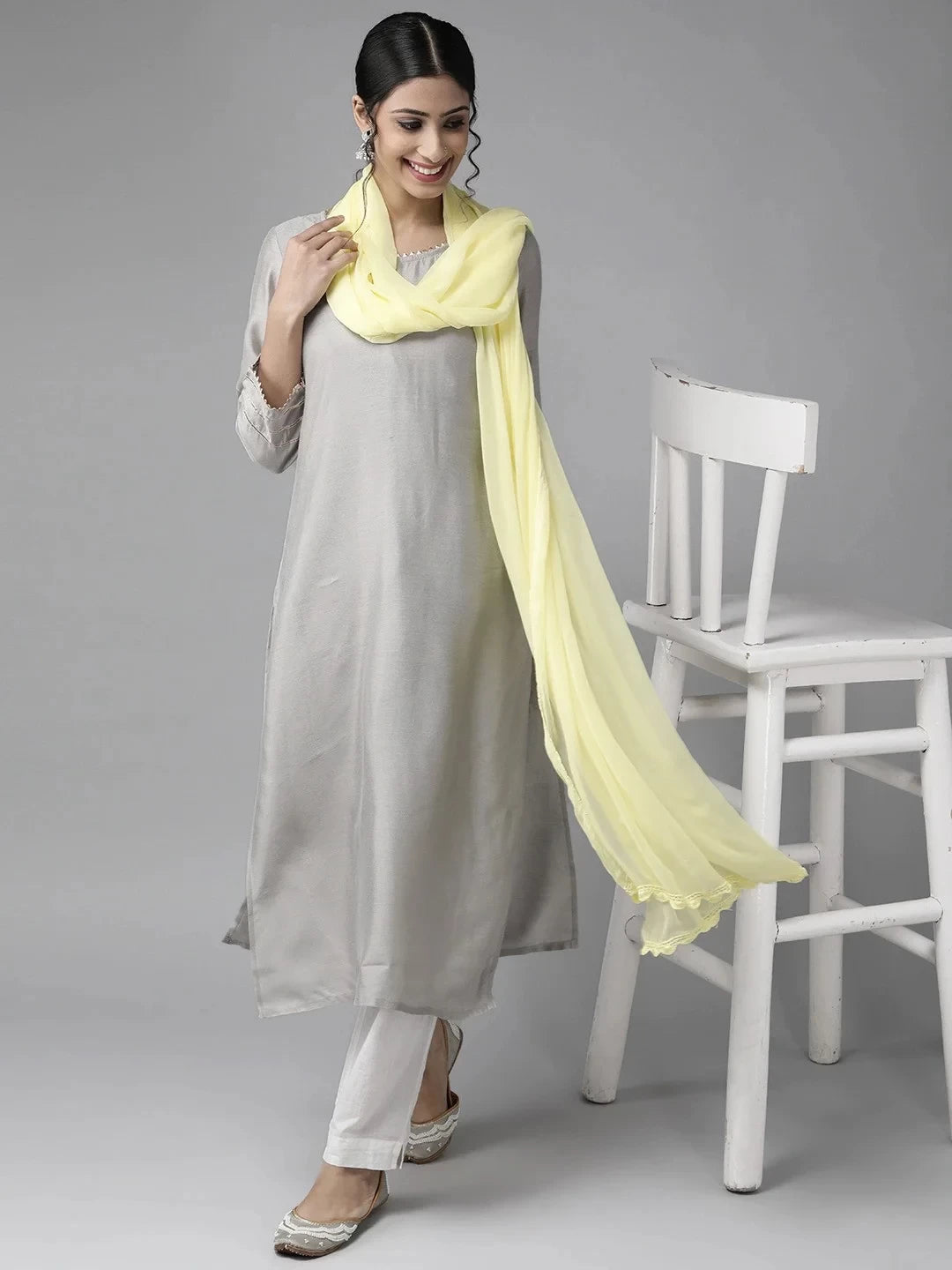 Ada Lemon Chiffon Lucknowi Dupatta  A511174