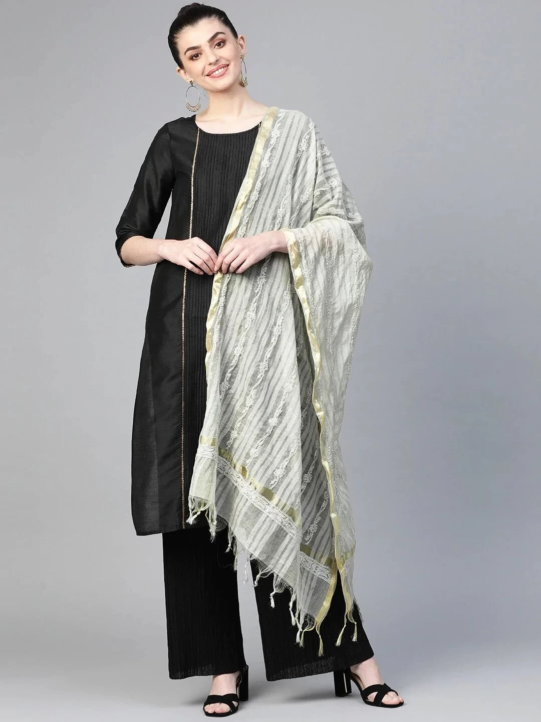 Ada Hand Embroidered Grey Kota Lucknowi Chikankari Dupatta A511140