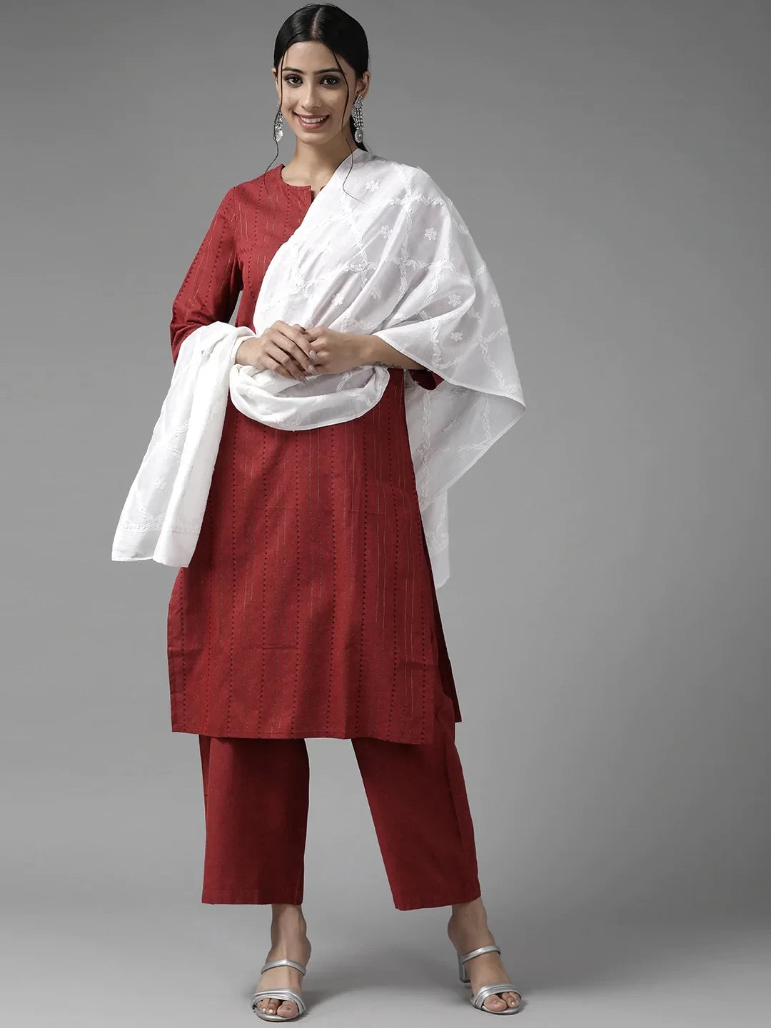 Ada Hand Embroidered White Chanderi Lucknowi Chikankari Dupatta A511210