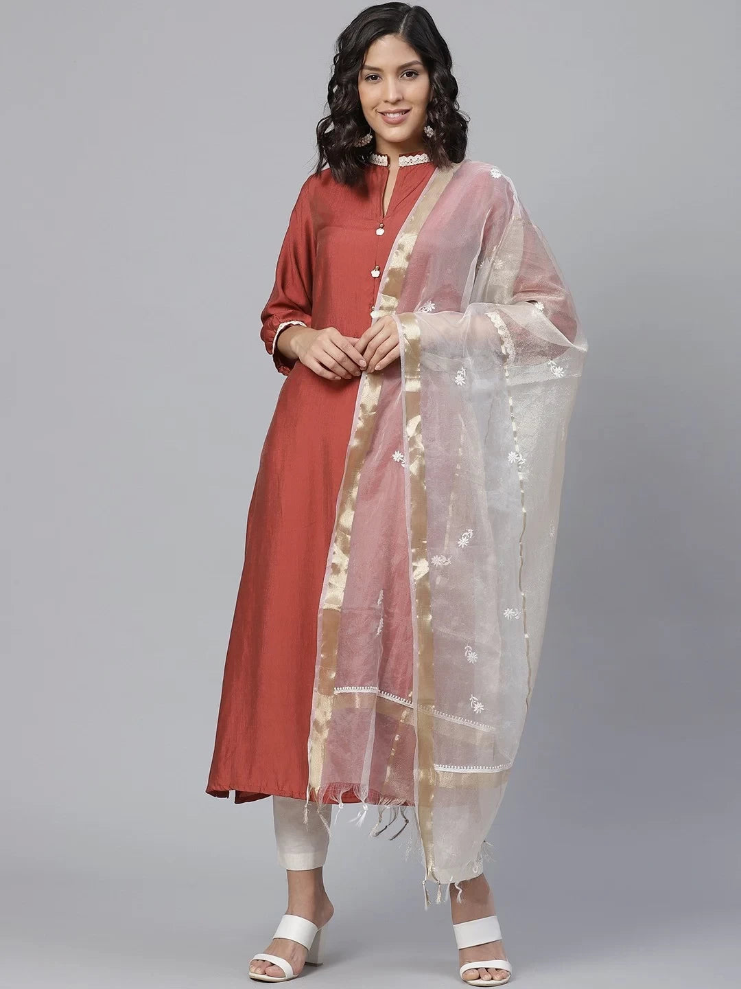 Ada Hand Embroidered White Tissue Lucknowi Chikankari Dupatta A100578