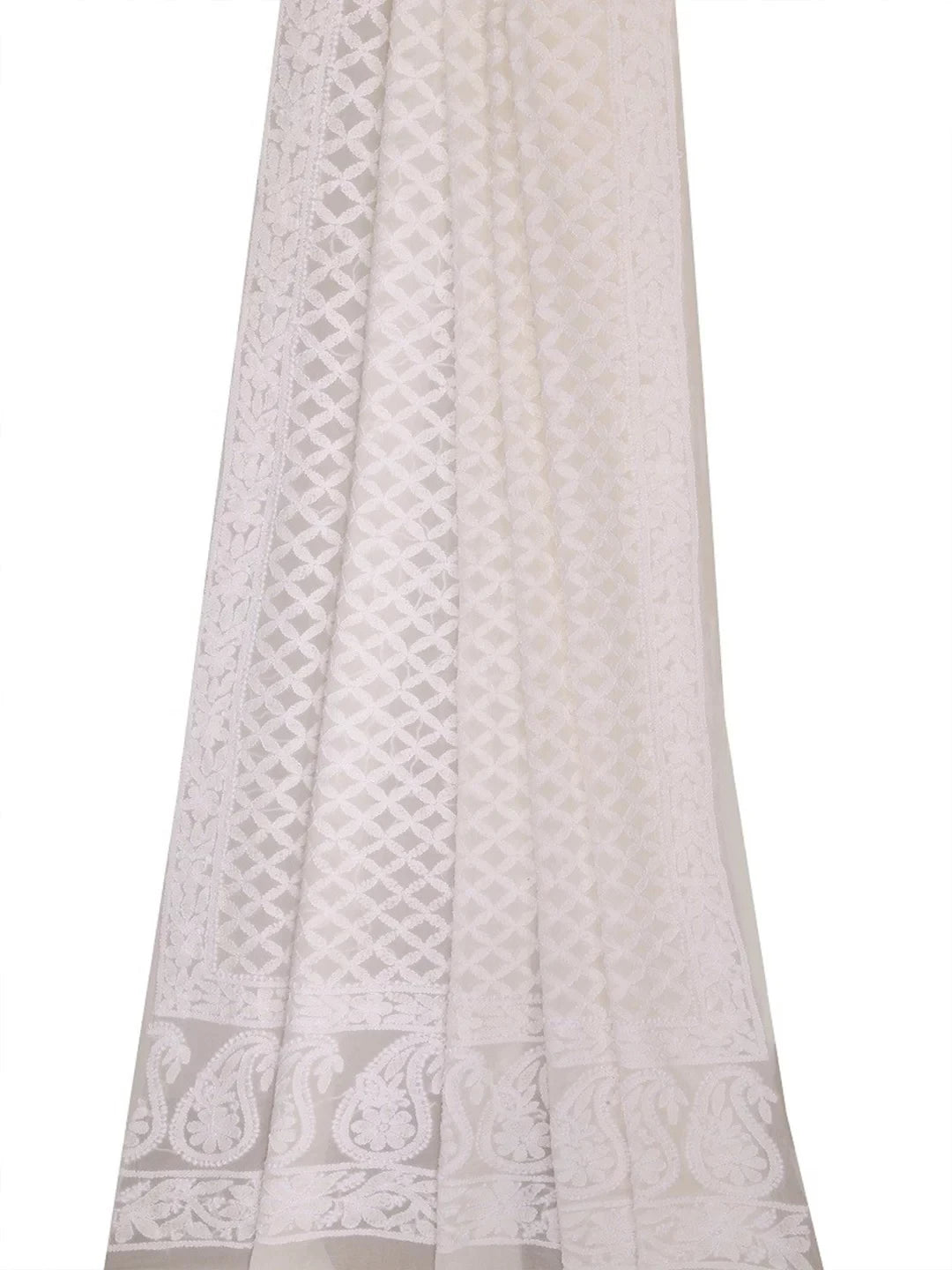 Ada Hand Embroidered White Pure Georgette Lucknowi Chikankari Dupatta A612183