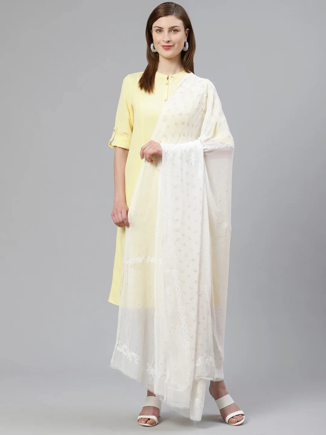 Ada Hand Embroidered White Georgette Lucknowi Chikankari Dupatta with Muqaish Work A100488