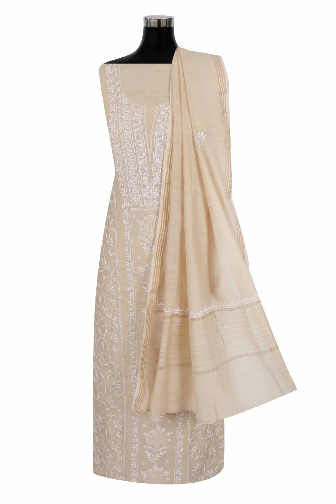 Ada Hand Embroidered Fawn Moonga Silk Lucknowi Chikankari Unstitched Kurta Dupatta Set 01A252796