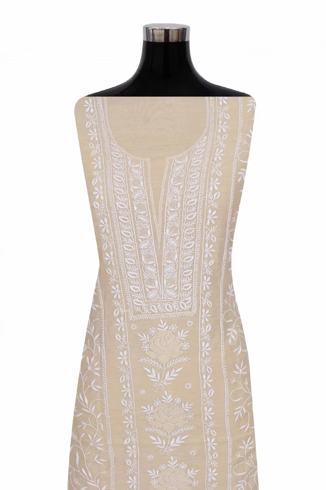Ada Hand Embroidered Fawn Moonga Silk Lucknowi Chikankari Unstitched Kurta Dupatta Set 01A252796