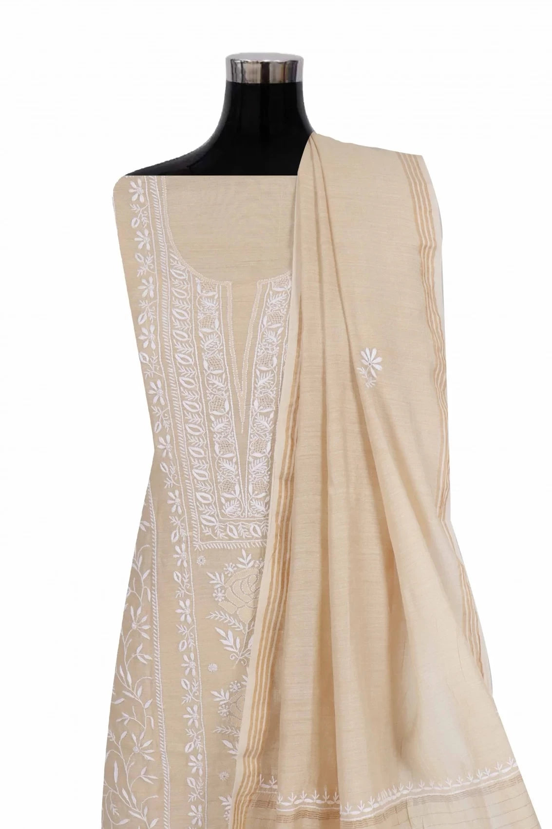 Ada Hand Embroidered Fawn Moonga Silk Lucknowi Chikankari Unstitched Kurta Dupatta Set 01A252796