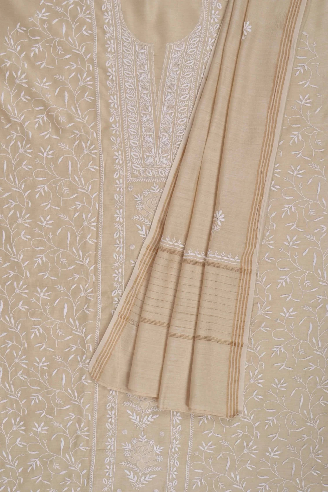 Ada Hand Embroidered Fawn Moonga Silk Lucknowi Chikankari Unstitched Kurta Dupatta Set 01A252796