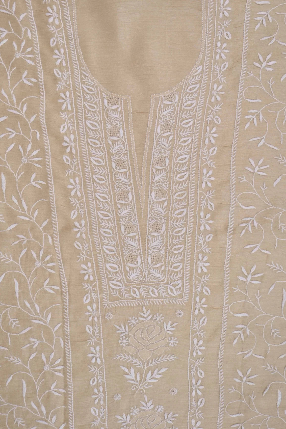 Ada Hand Embroidered Fawn Moonga Silk Lucknowi Chikankari Unstitched Kurta Dupatta Set 01A252796
