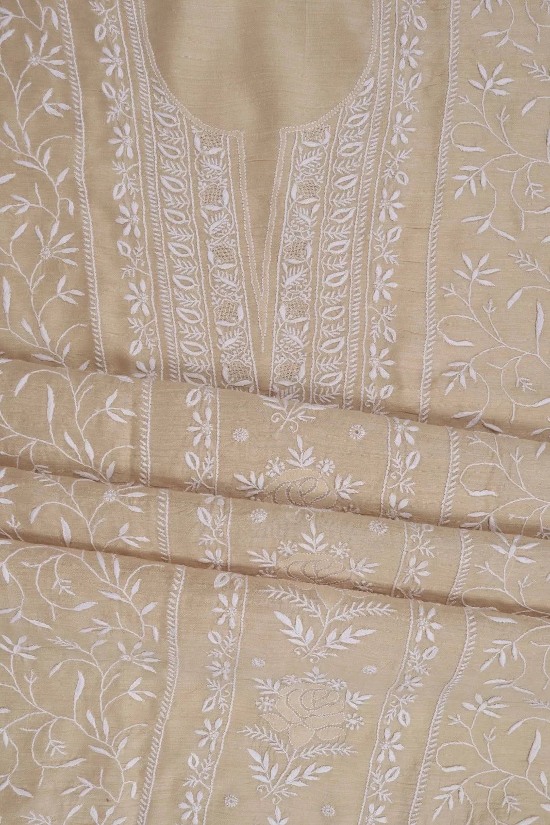 Ada Hand Embroidered Fawn Moonga Silk Lucknowi Chikankari Unstitched Kurta Dupatta Set 01A252796