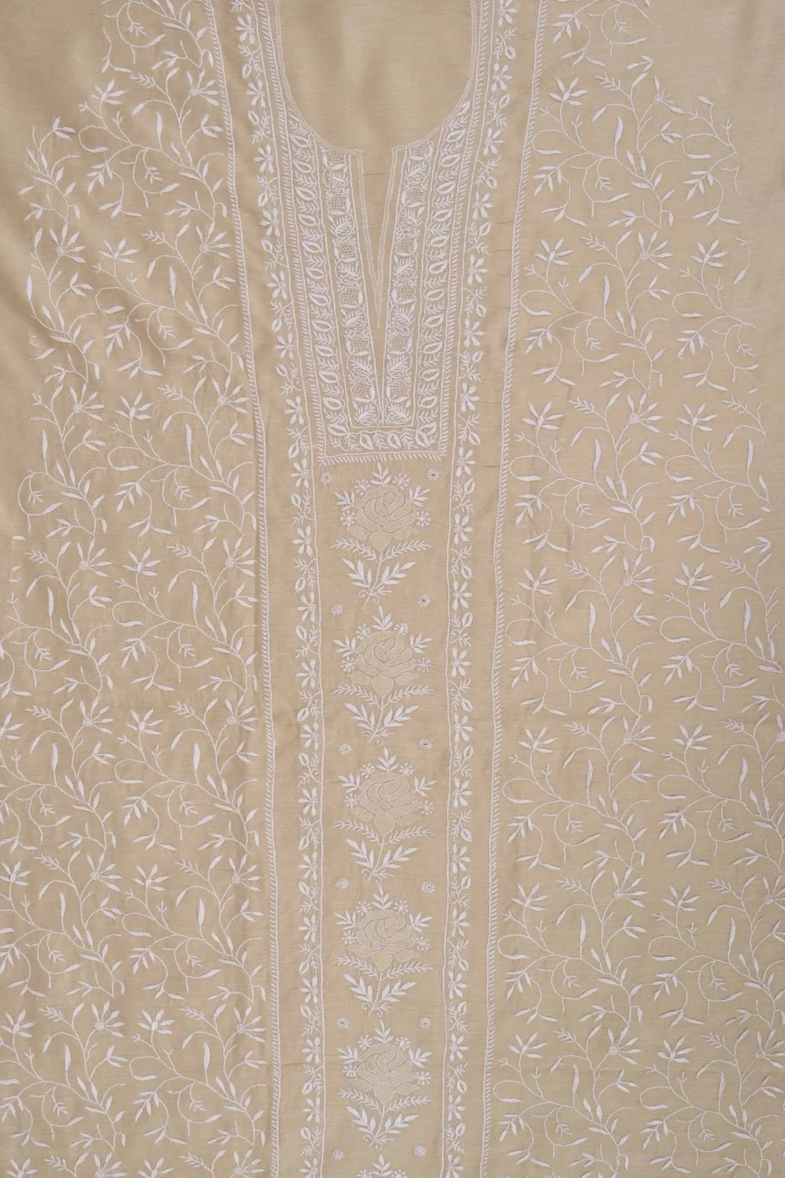 Ada Hand Embroidered Fawn Moonga Silk Lucknowi Chikankari Unstitched Kurta Dupatta Set 01A252796