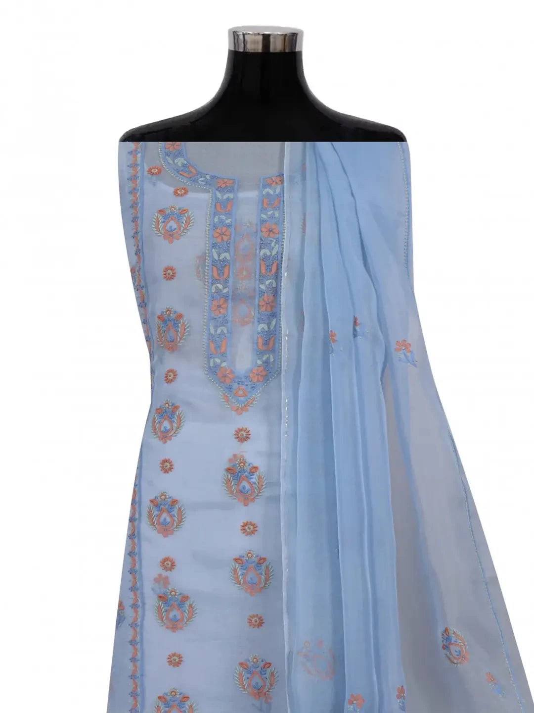 Ada Hand Embroidered Cornflower Blue Organza Lucknowi Chikankari Unstitched Kurta Dupatta Set 01A206132