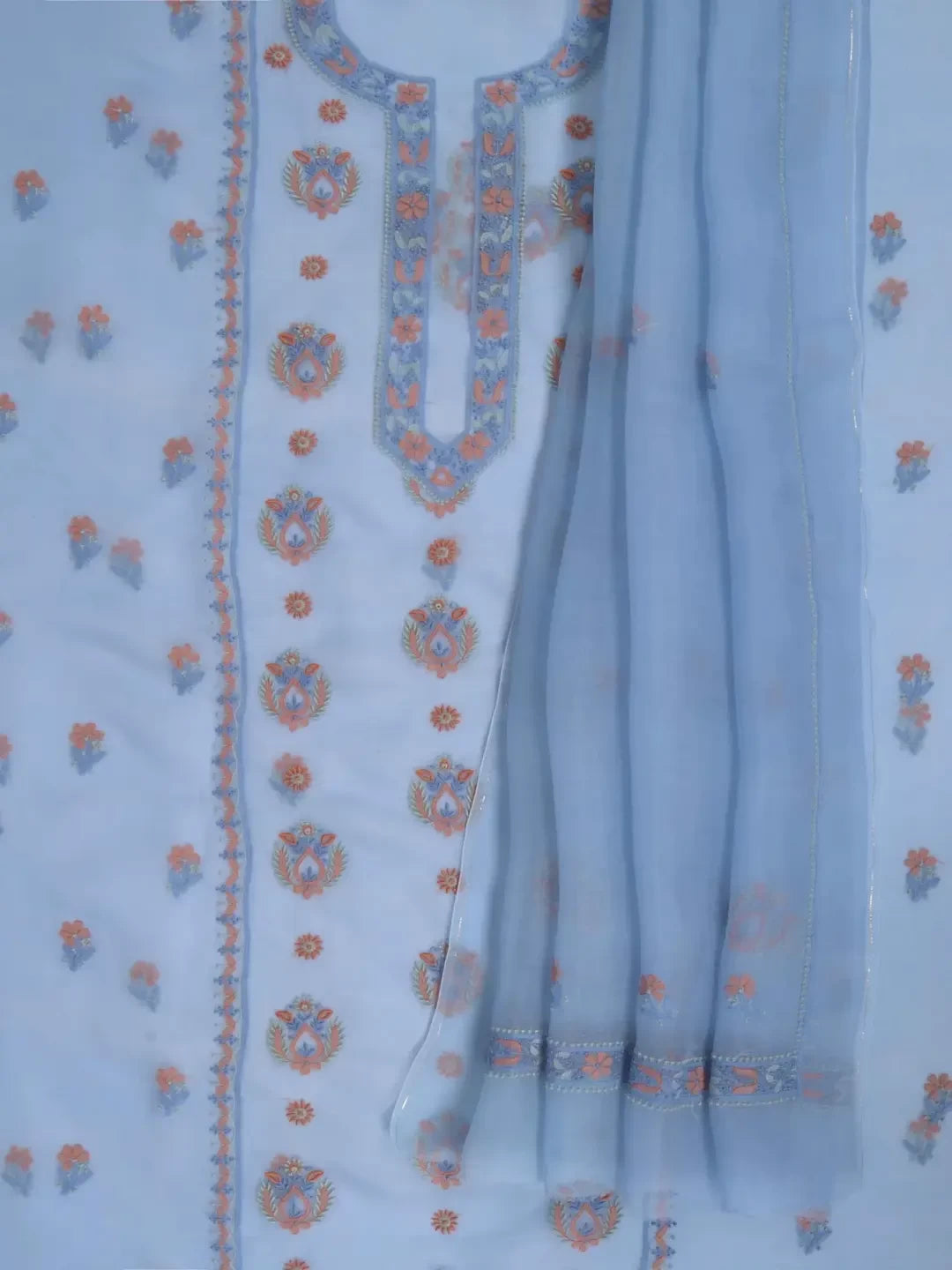 Ada Hand Embroidered Cornflower Blue Organza Lucknowi Chikankari Unstitched Kurta Dupatta Set 01A206132