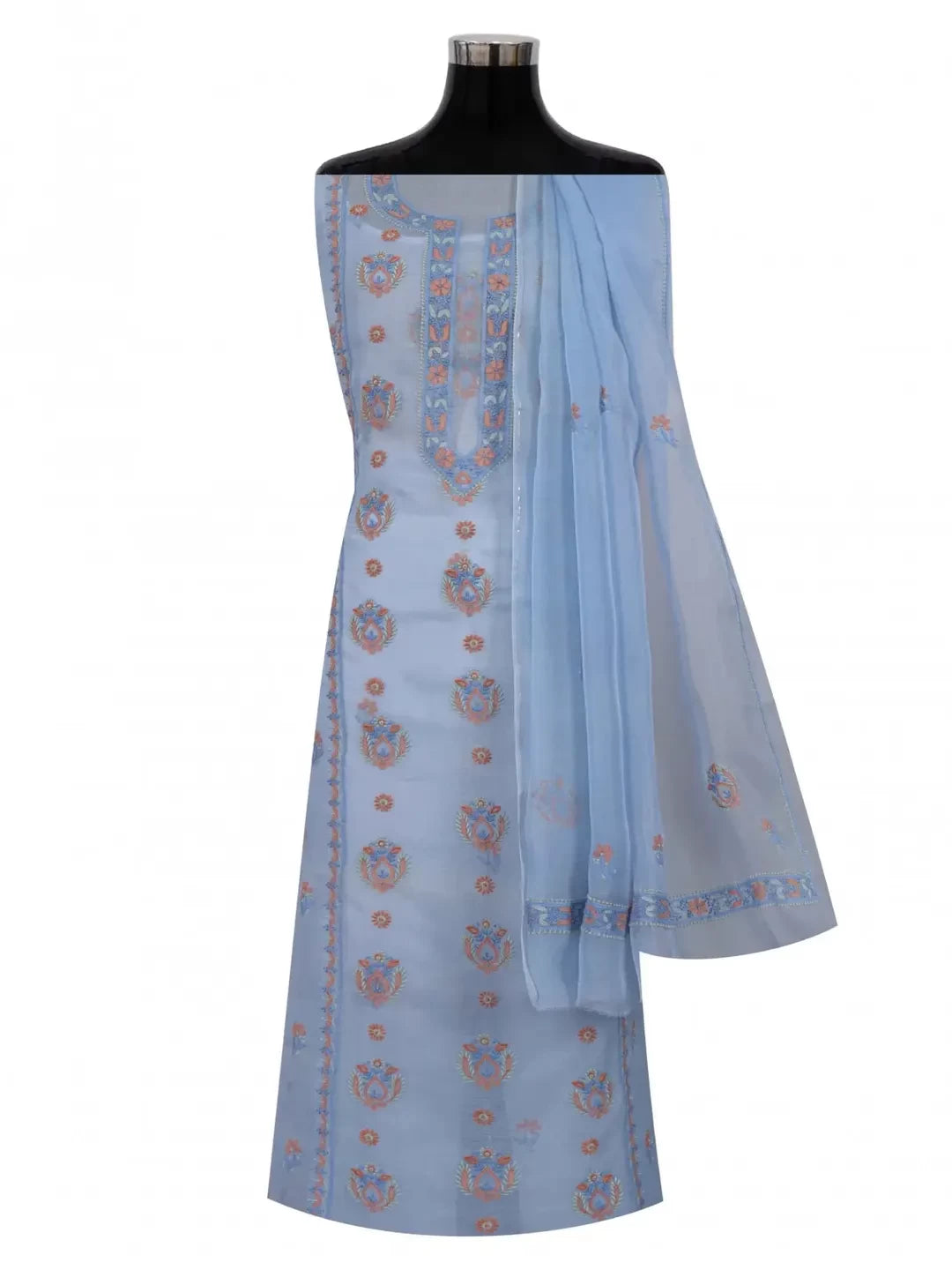 Ada Hand Embroidered Cornflower Blue Organza Lucknowi Chikankari Unstitched Kurta Dupatta Set 01A206132