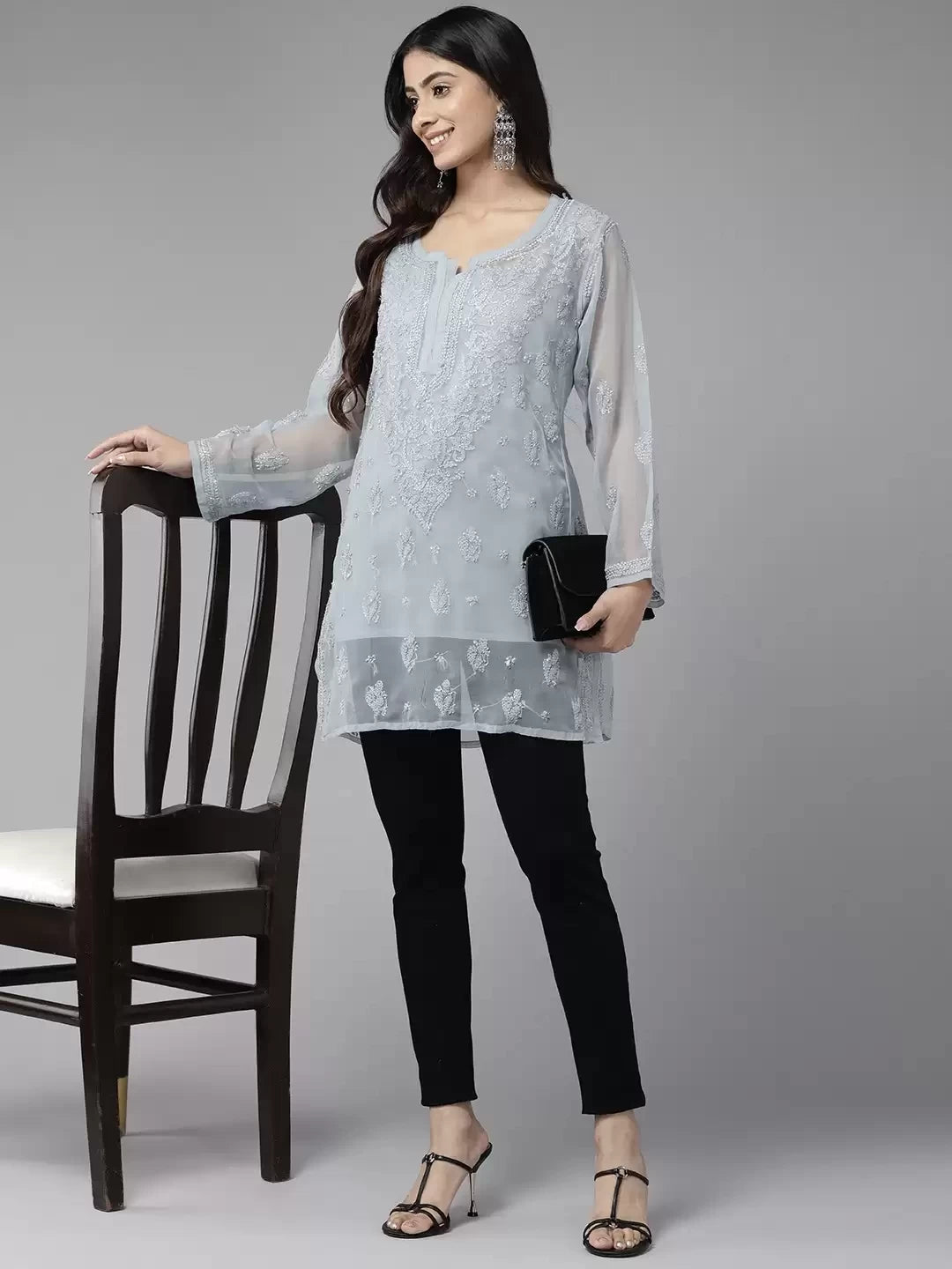 Ada Hand Embroidered Grey Georgette Lucknowi Chikankari Straight Kurti With Slip A911271