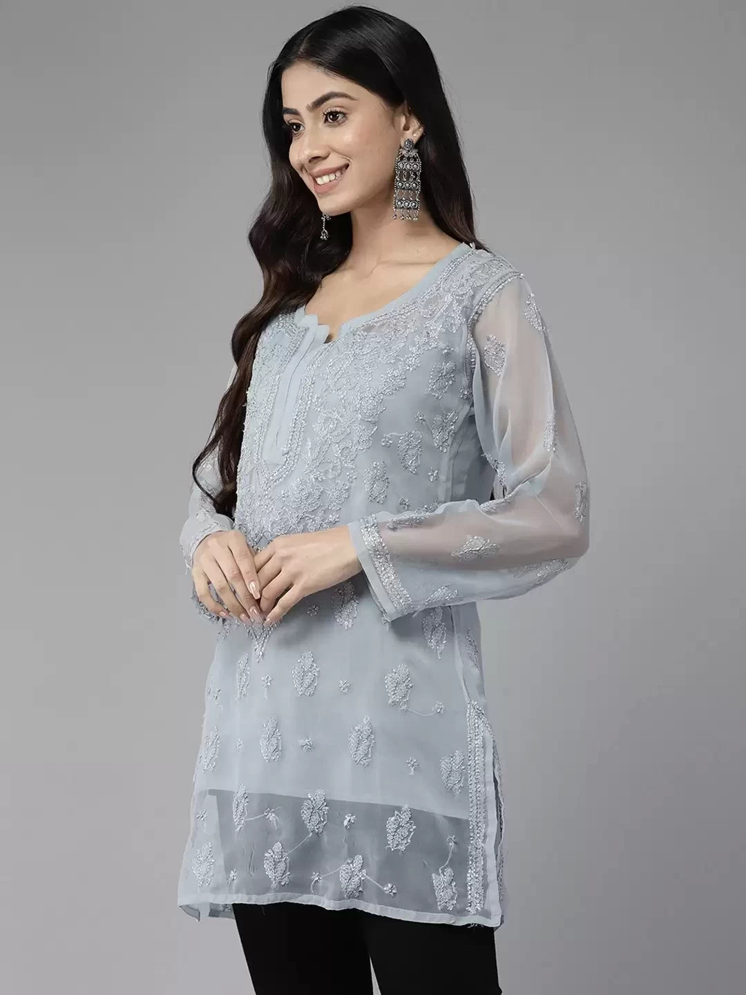 Ada Hand Embroidered Grey Georgette Lucknowi Chikankari Straight Kurti With Slip A911271