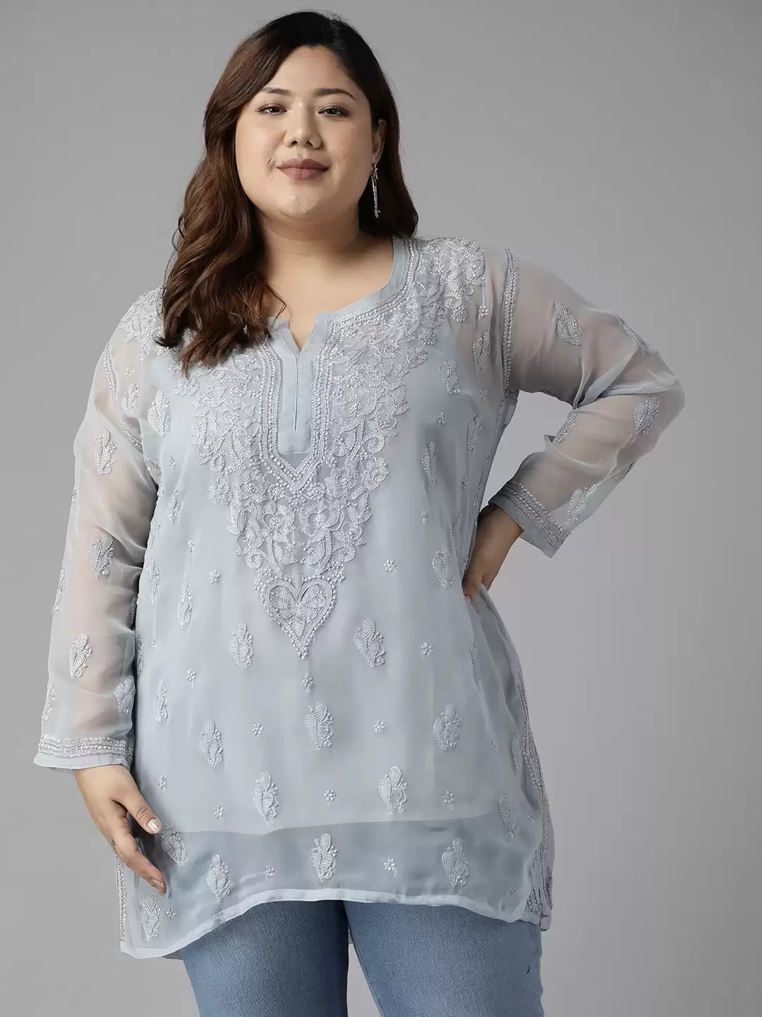 Ada Hand Embroidered Grey Georgette Lucknowi Chikankari Straight Kurti With Slip A911271