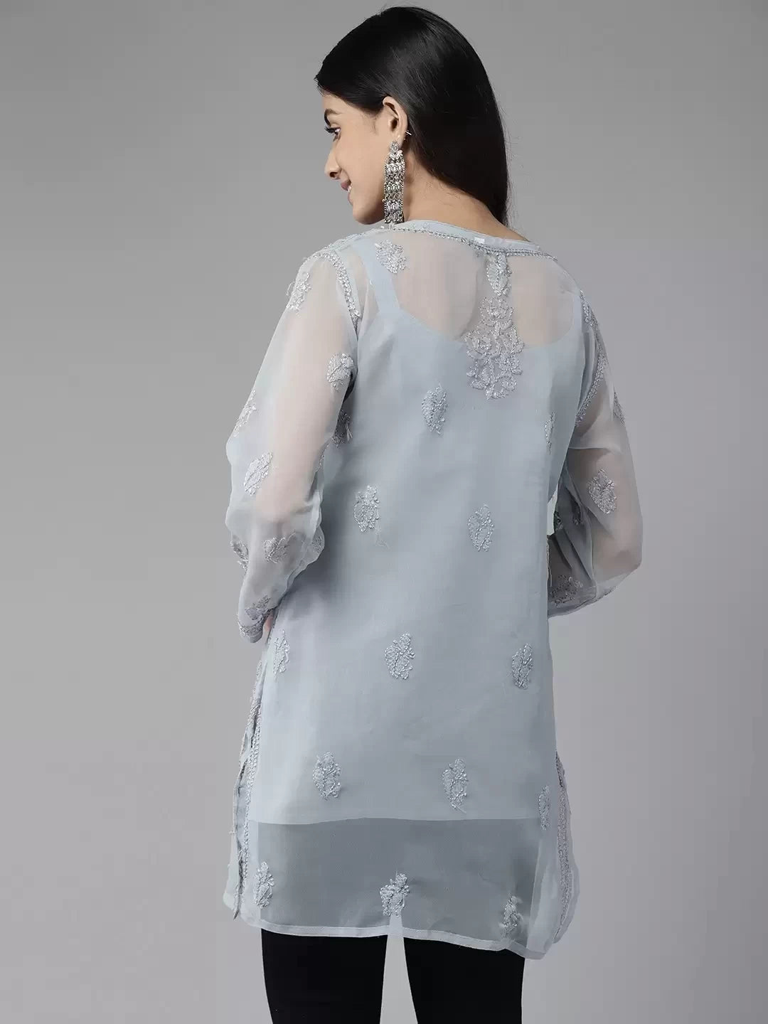 Ada Hand Embroidered Grey Georgette Lucknowi Chikankari Straight Kurti With Slip A911271