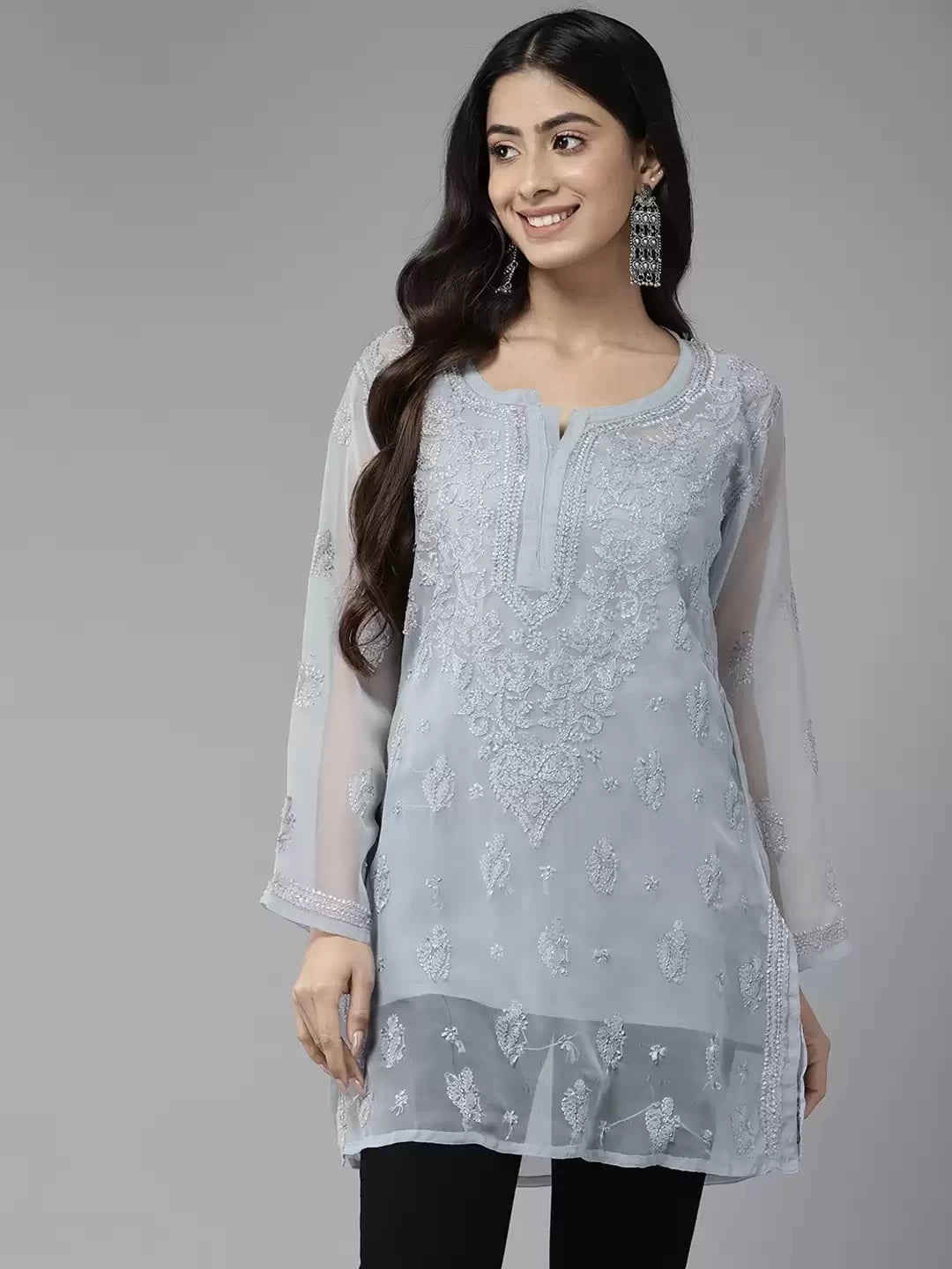 Ada Hand Embroidered Grey Georgette Lucknowi Chikankari Straight Kurti With Slip A911271